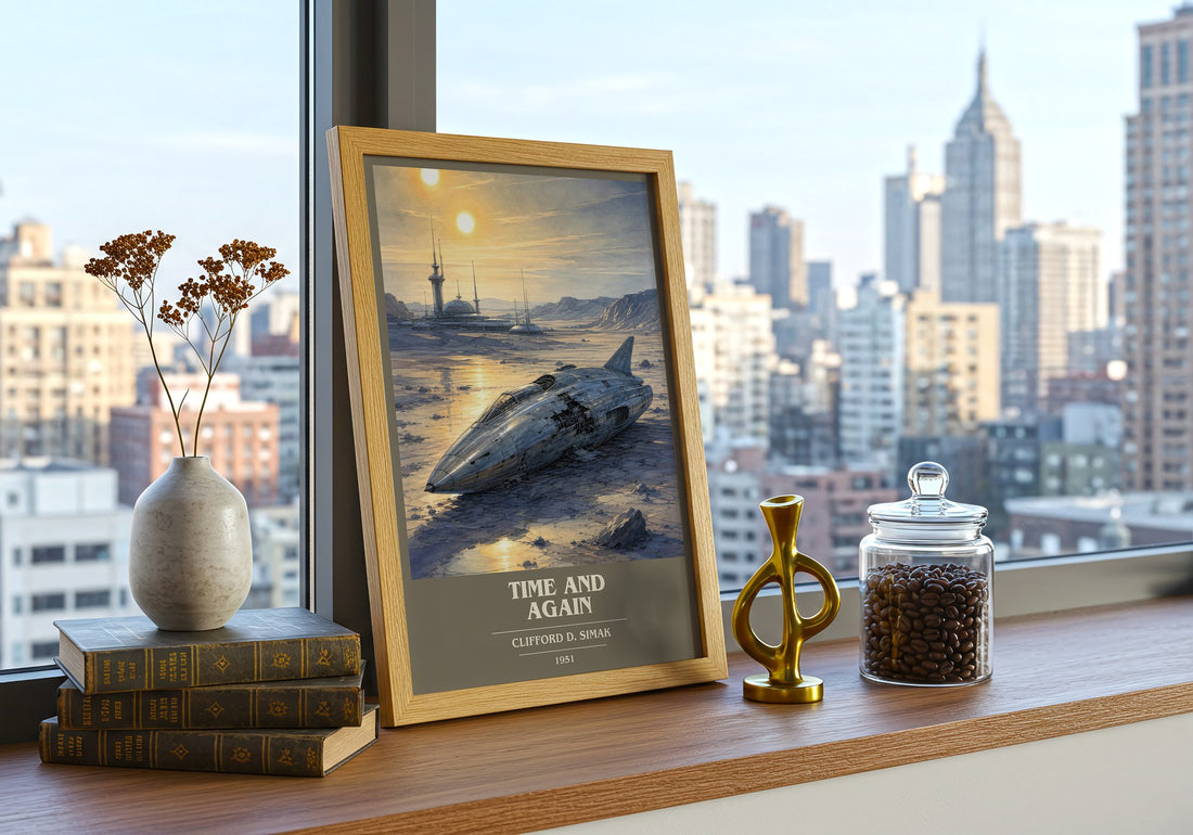 Time and again Book Cover Poster by Clifford D. Simak – framed print on a city-view windowsill
