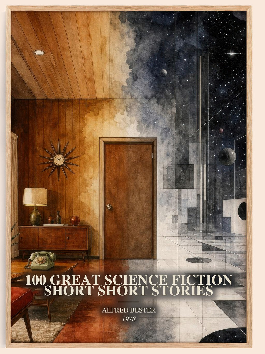 100 Great Science Fiction Short Short Stories watercolour book poster by Alfred Bester – framed literary art print