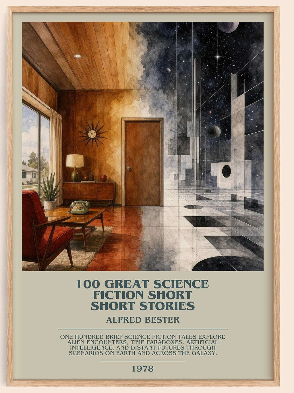 100 Great Science Fiction Short Short Stories bookish book poster by Alfred Bester – framed literary art print