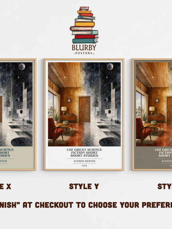 100 Great Science Fiction Short Short Stories book cover print in frame leaning in hallway – sci fi wall art