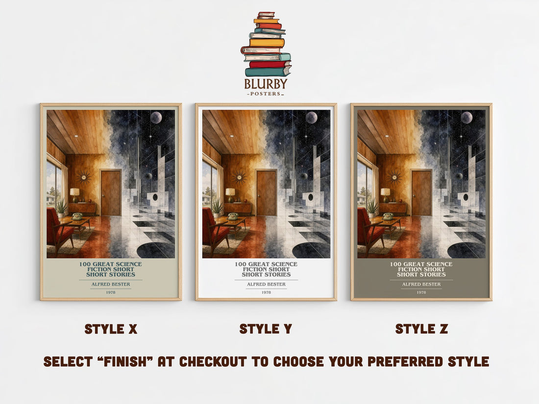 100 Great Science Fiction Short Short Stories book cover print in frame leaning in hallway – sci fi wall art (mockup)