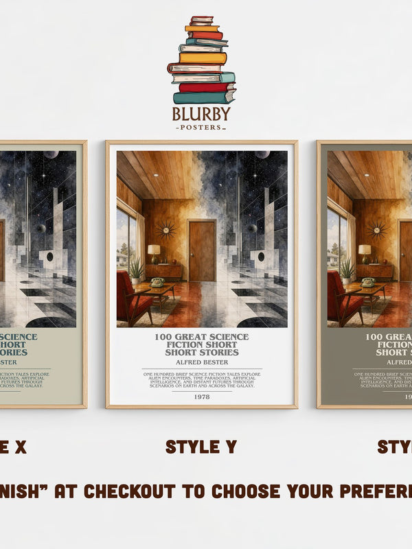 100 Great Science Fiction Short Short Stories bookish print in frame leaning in hallway – sci fi wall art