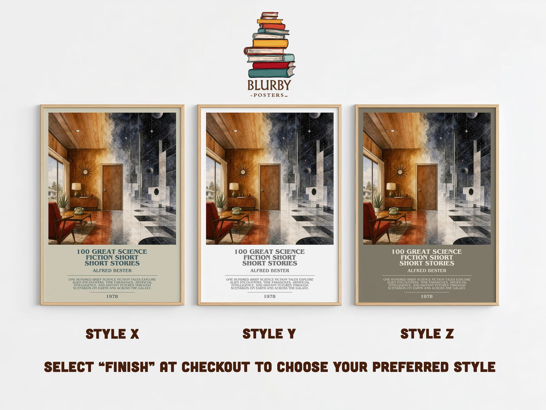 100 Great Science Fiction Short Short Stories bookish print in frame leaning in hallway – sci fi wall art (mockup)