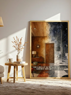 100 Great Science Fiction Short Short Stories watercolour print in frame leaning in hallway – sci fi wall art