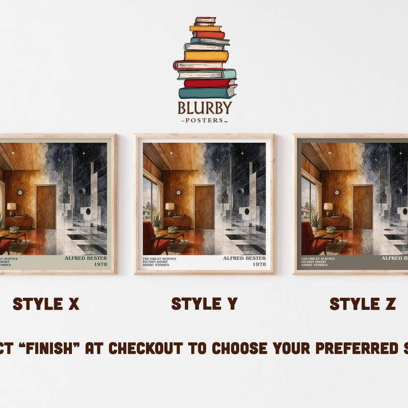 100 Great Science Fiction Short Short Stories literary print in frame leaning in hallway – sci fi wall art