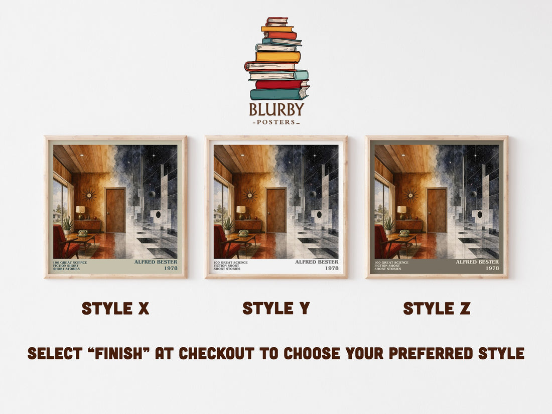 100 Great Science Fiction Short Short Stories literary print in frame leaning in hallway – sci fi wall art (mockup)