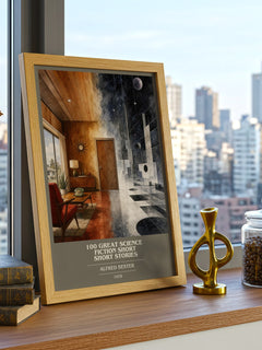 100 Great Science Fiction Short Short Stories book cover print framed by window – literary home decor
