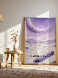 Harold's A B C watercolour print in frame leaning in hallway – childrens wall art