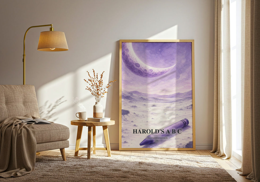 Harold's A B C watercolour print in frame leaning in hallway – childrens wall art