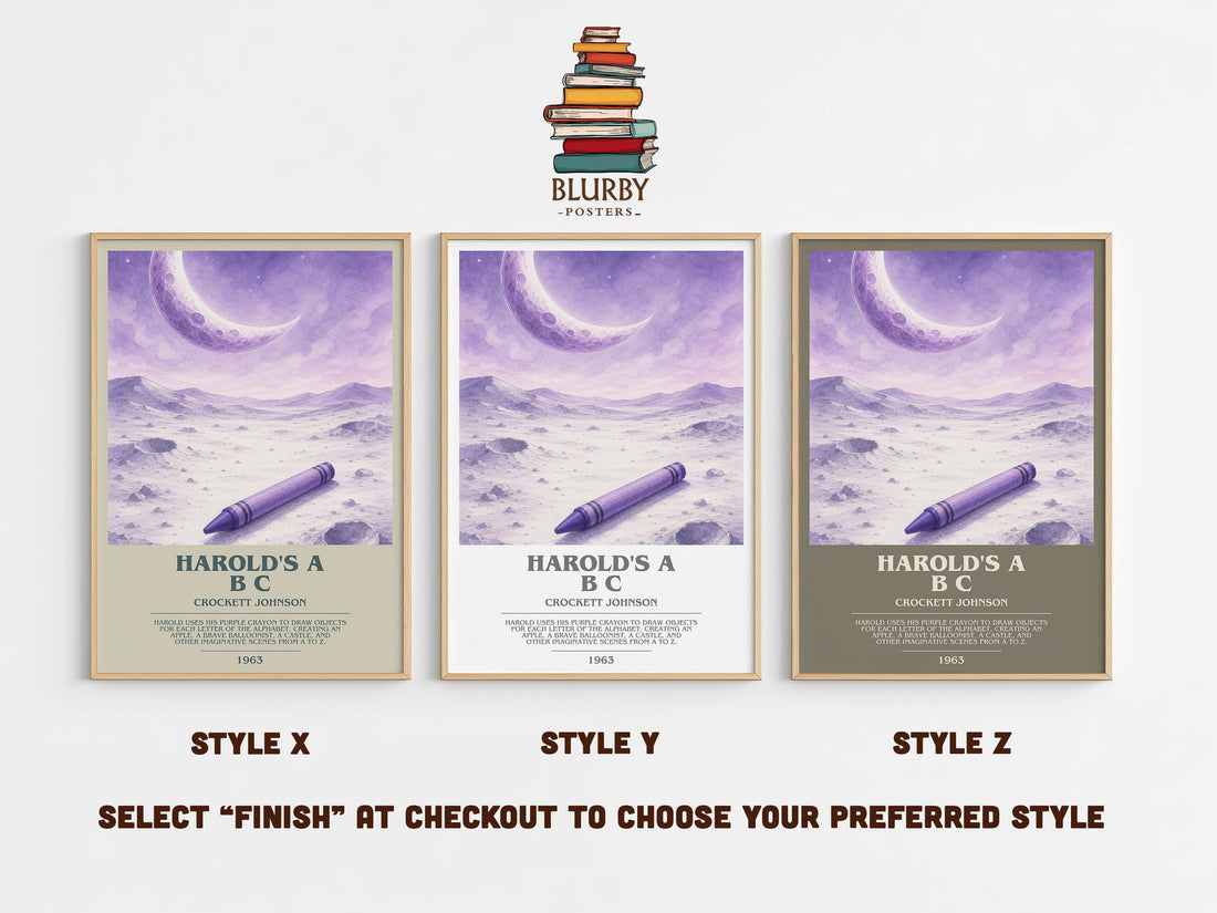 Harold's A B C bookish print in frame leaning in hallway – childrens wall art (mockup)