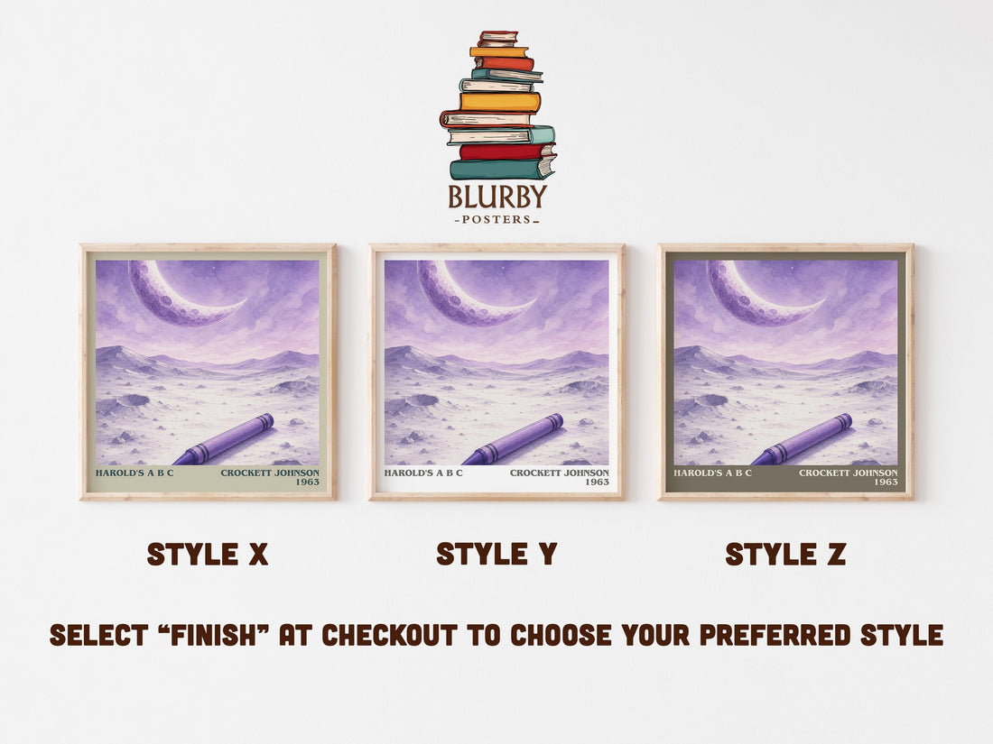 Harold's A B C literary print in frame leaning in hallway – childrens wall art (mockup)