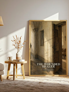 The wounded healer watercolour print in frame leaning in hallway – __new__:self help wall art