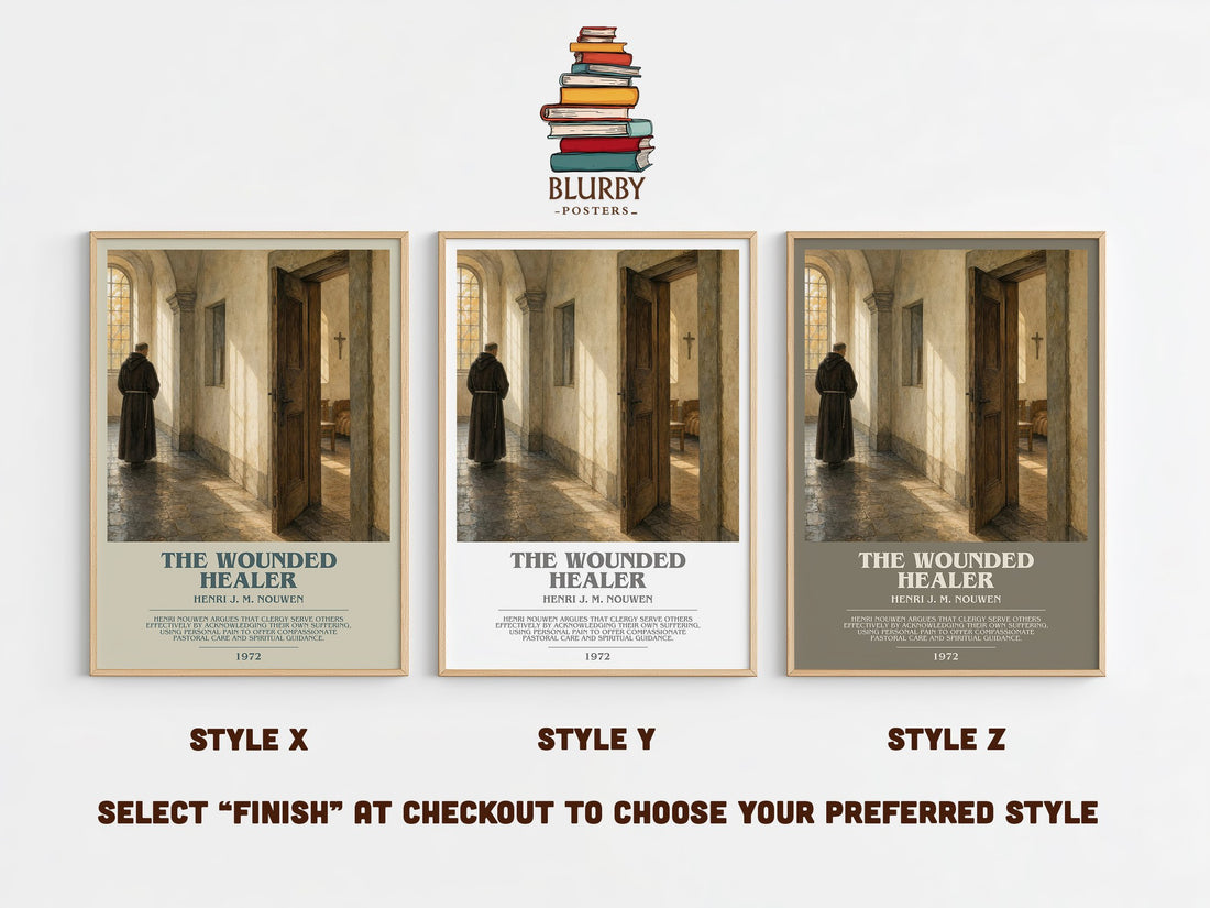 The wounded healer bookish print in frame leaning in hallway – __new__:self help wall art (mockup)