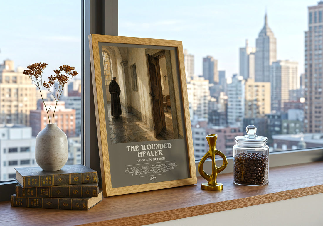 The wounded healer bookish print framed by window – literary home decor