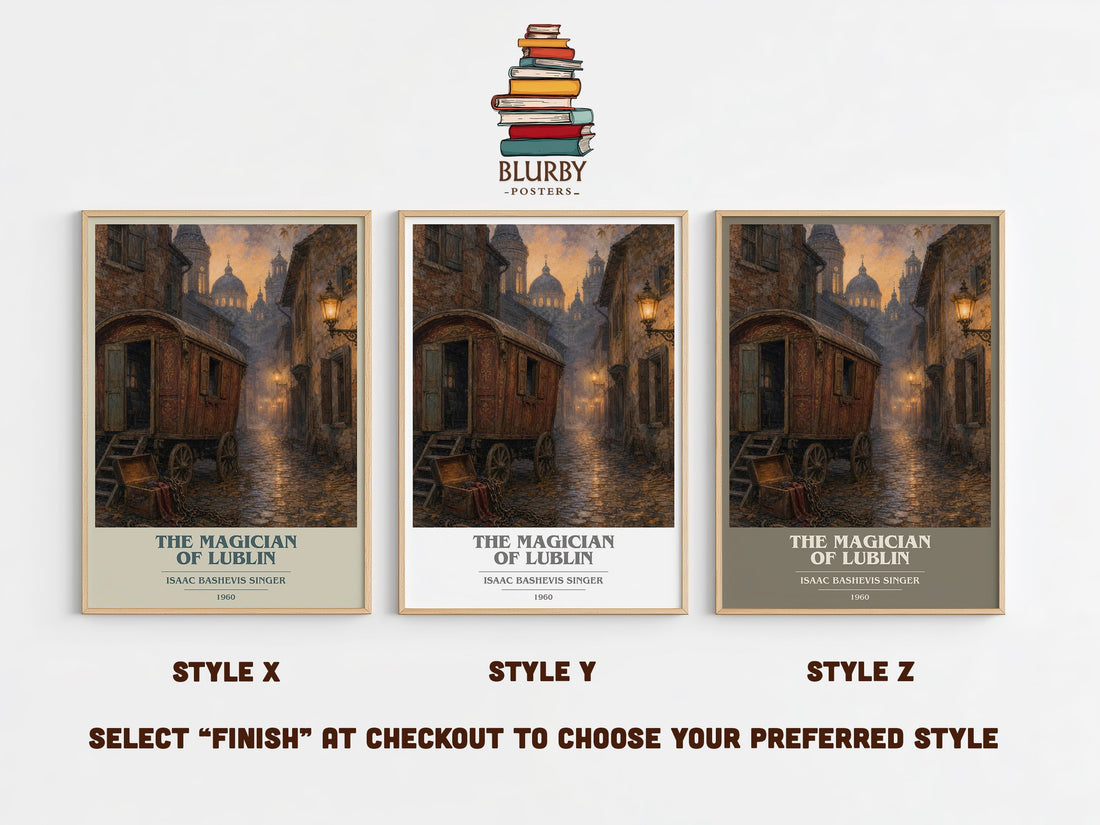 The magician of Lublin book cover print in frame leaning in hallway – literary fiction wall art (mockup)