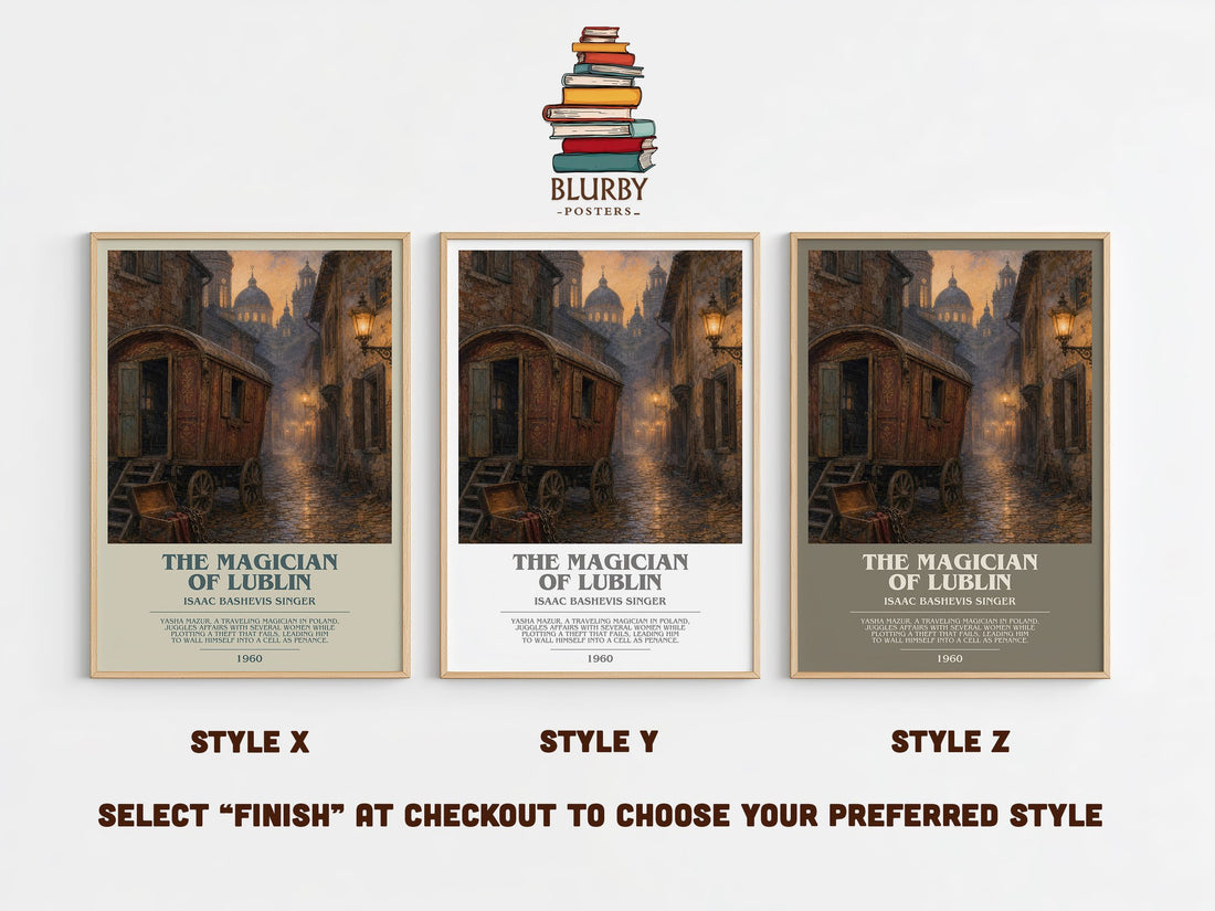 The magician of Lublin bookish print in frame leaning in hallway – literary fiction wall art (mockup)