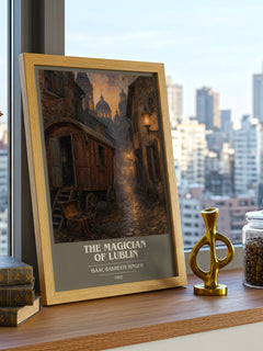 The magician of Lublin book cover print framed by window – literary home decor
