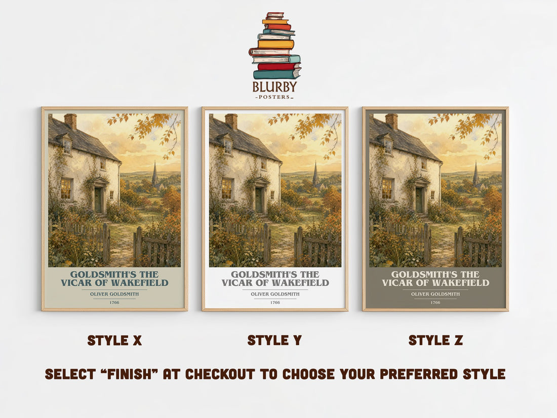 Goldsmith's The vicar of Wakefield book cover print in frame leaning in hallway – classic literature wall art (mockup)