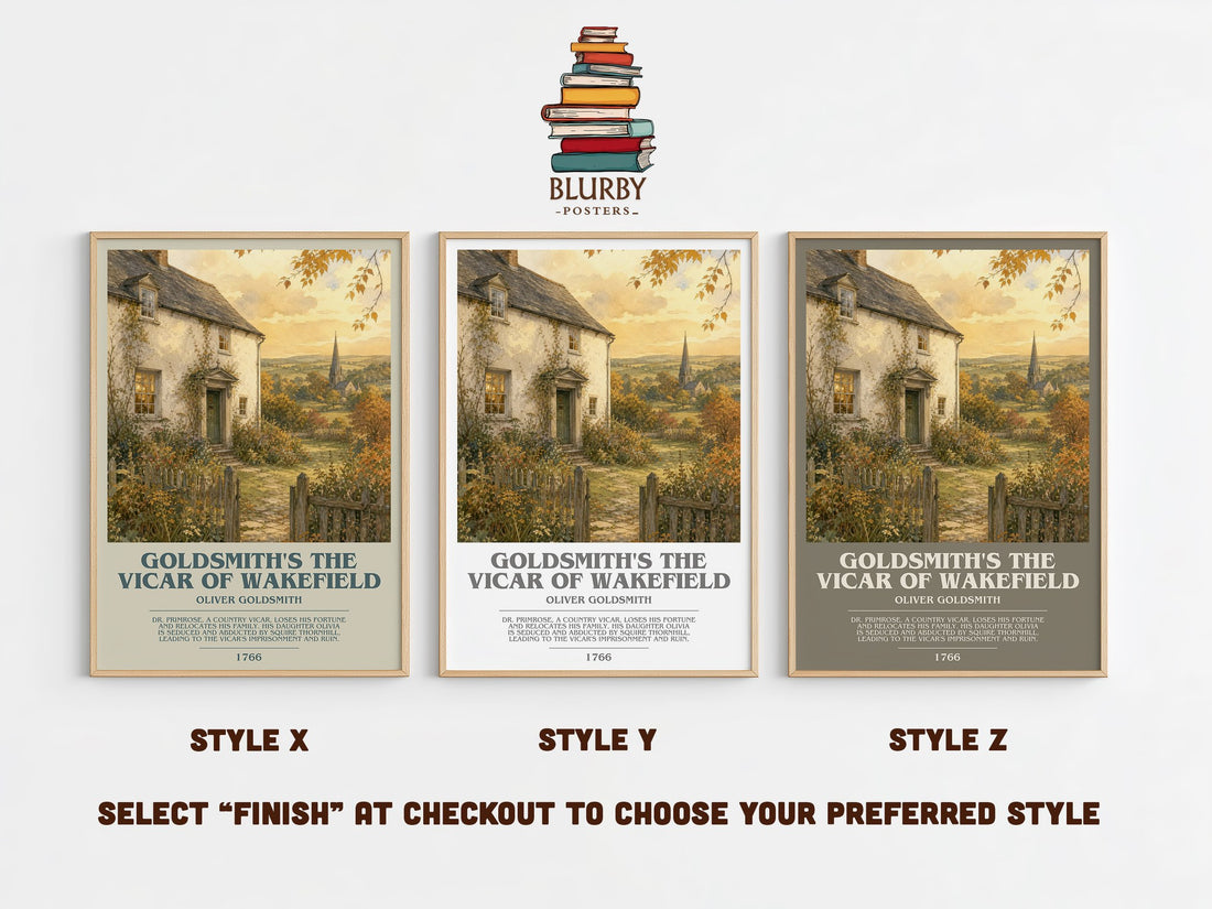 Goldsmith's The vicar of Wakefield bookish print in frame leaning in hallway – classic literature wall art (mockup)