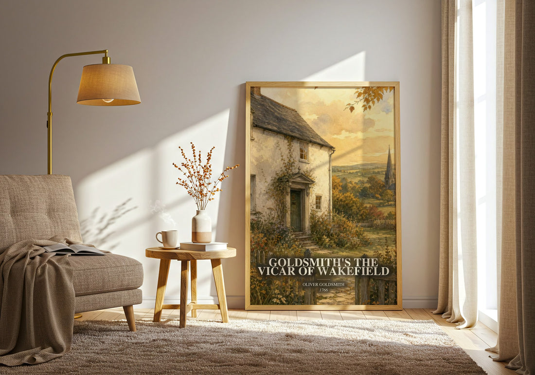 Goldsmith's The vicar of Wakefield watercolour print in frame leaning in hallway – classic literature wall art