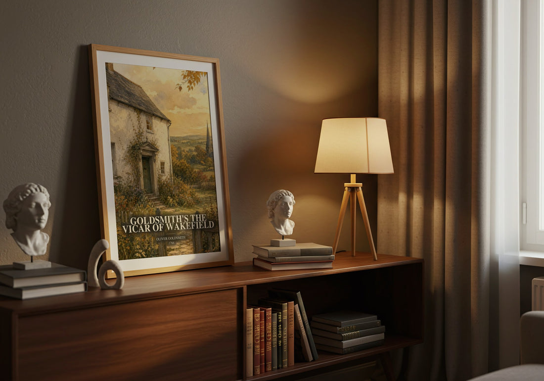 Goldsmith's The vicar of Wakefield watercolour print on bookshelf – Oliver Goldsmith fan gift