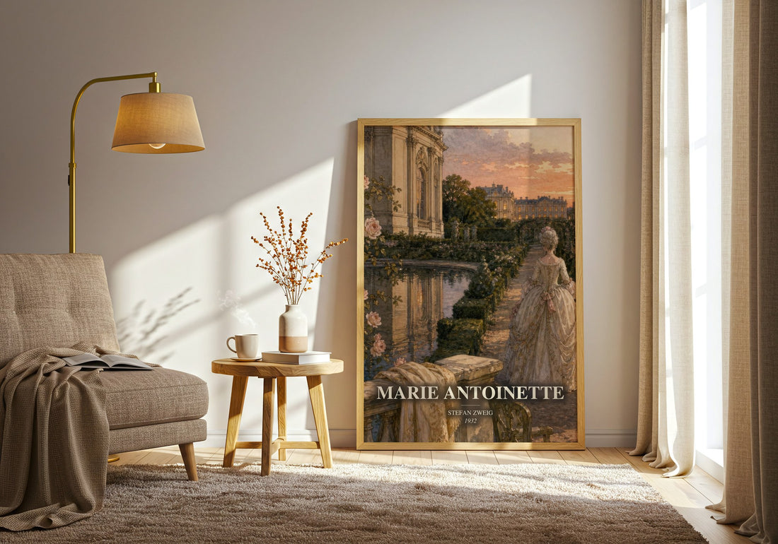 Marie Antoinette watercolour print in frame leaning in hallway – non fiction wall art