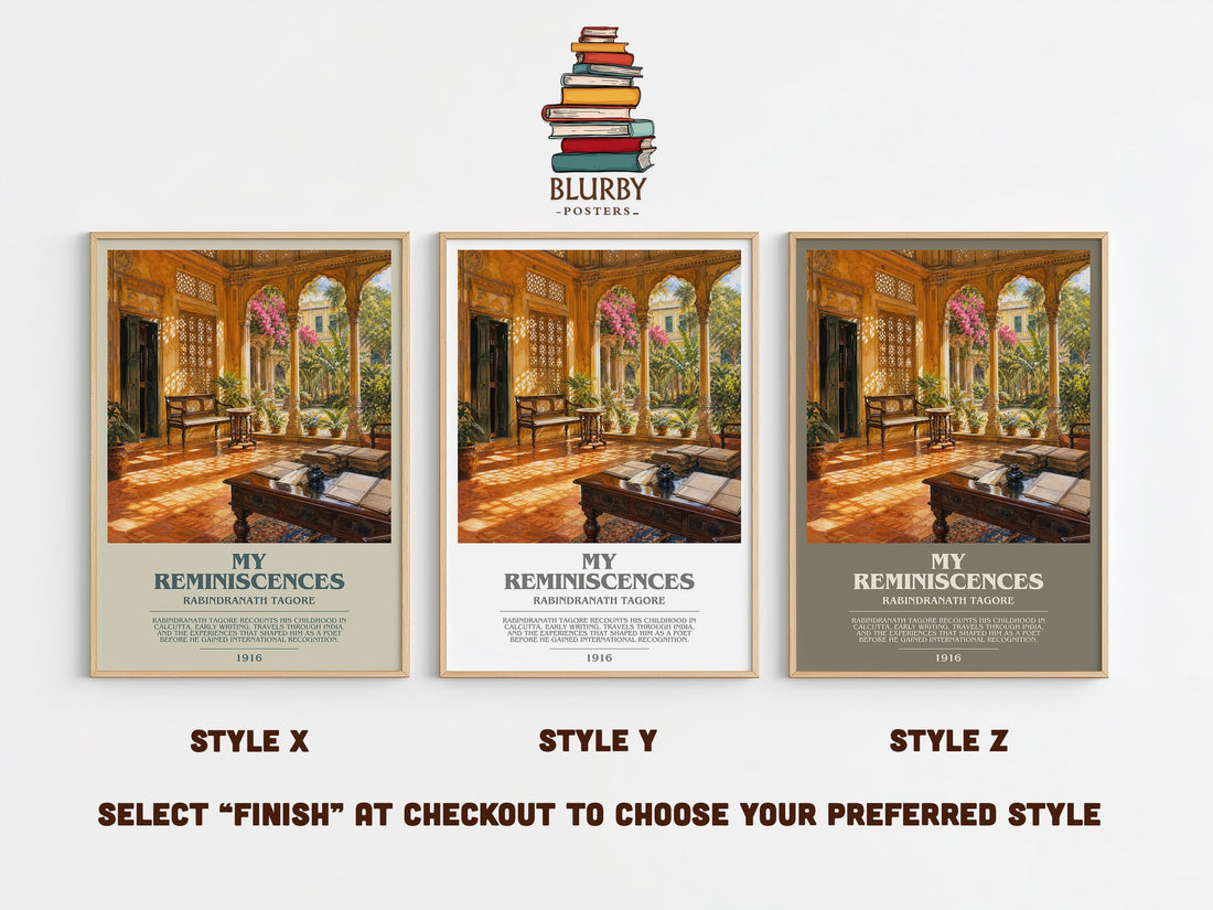 My Reminiscences bookish print in frame leaning in hallway – memoir wall art (mockup)