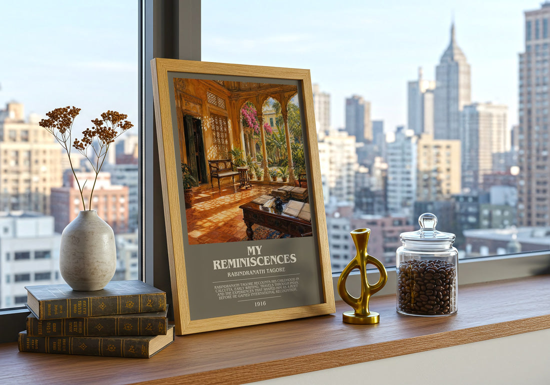 My Reminiscences bookish print framed by window – literary home decor