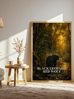 Black Leopard, Red Wolf watercolour print in frame leaning in hallway – fantasy wall art