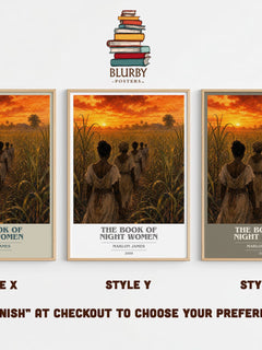 The book of night women book cover print in frame leaning in hallway – historical fiction wall art