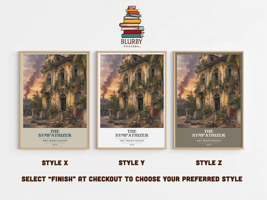 The Sympathizer book cover print in frame leaning in hallway – literary fiction wall art (mockup)