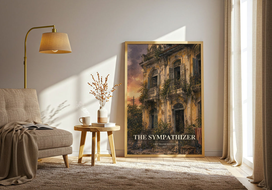 The Sympathizer watercolour print in frame leaning in hallway – literary fiction wall art