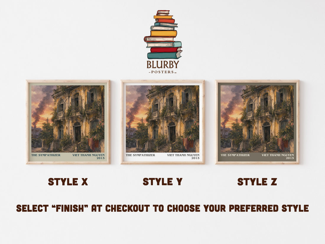 The Sympathizer literary print in frame leaning in hallway – literary fiction wall art (mockup)