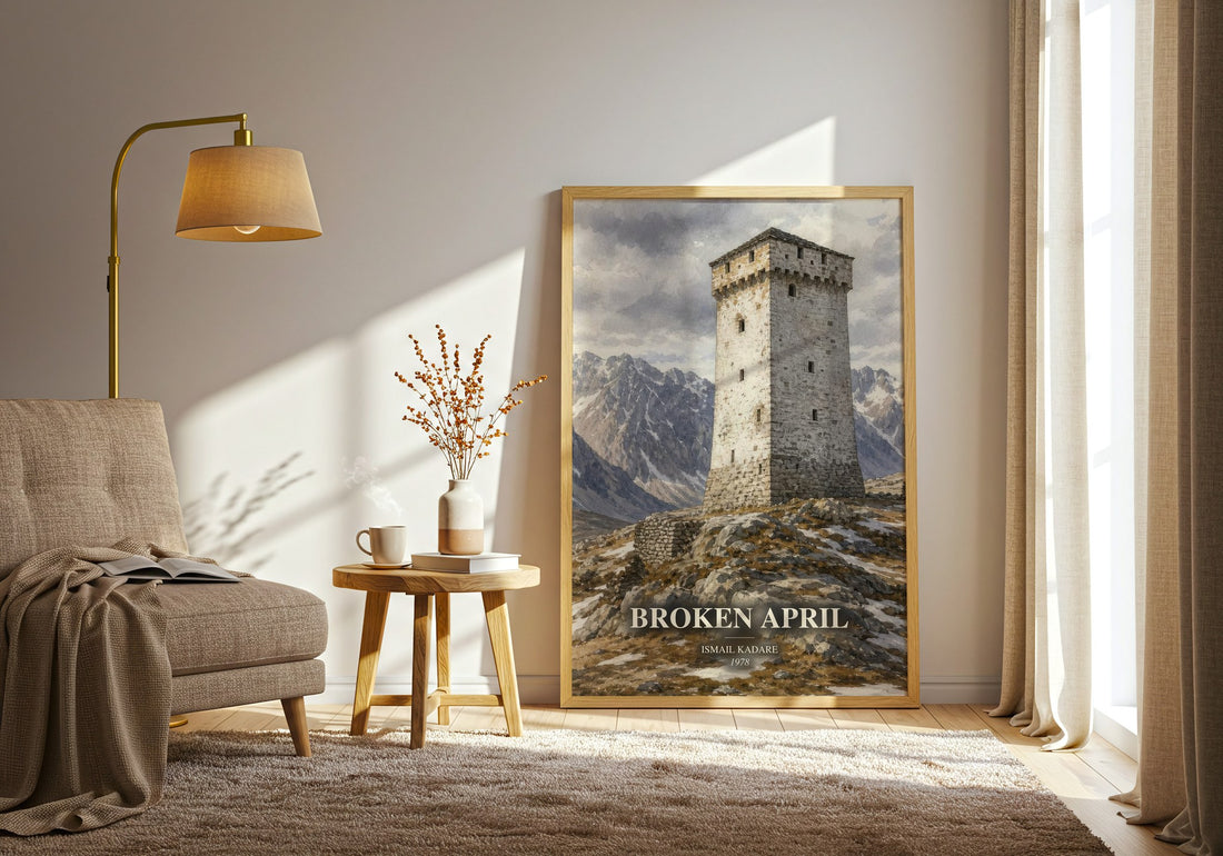 Broken April watercolour print in frame leaning in hallway – literary fiction wall art
