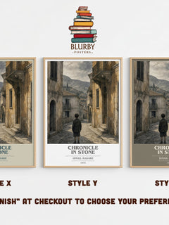 Chronicle in Stone book cover print in frame leaning in hallway – historical fiction wall art