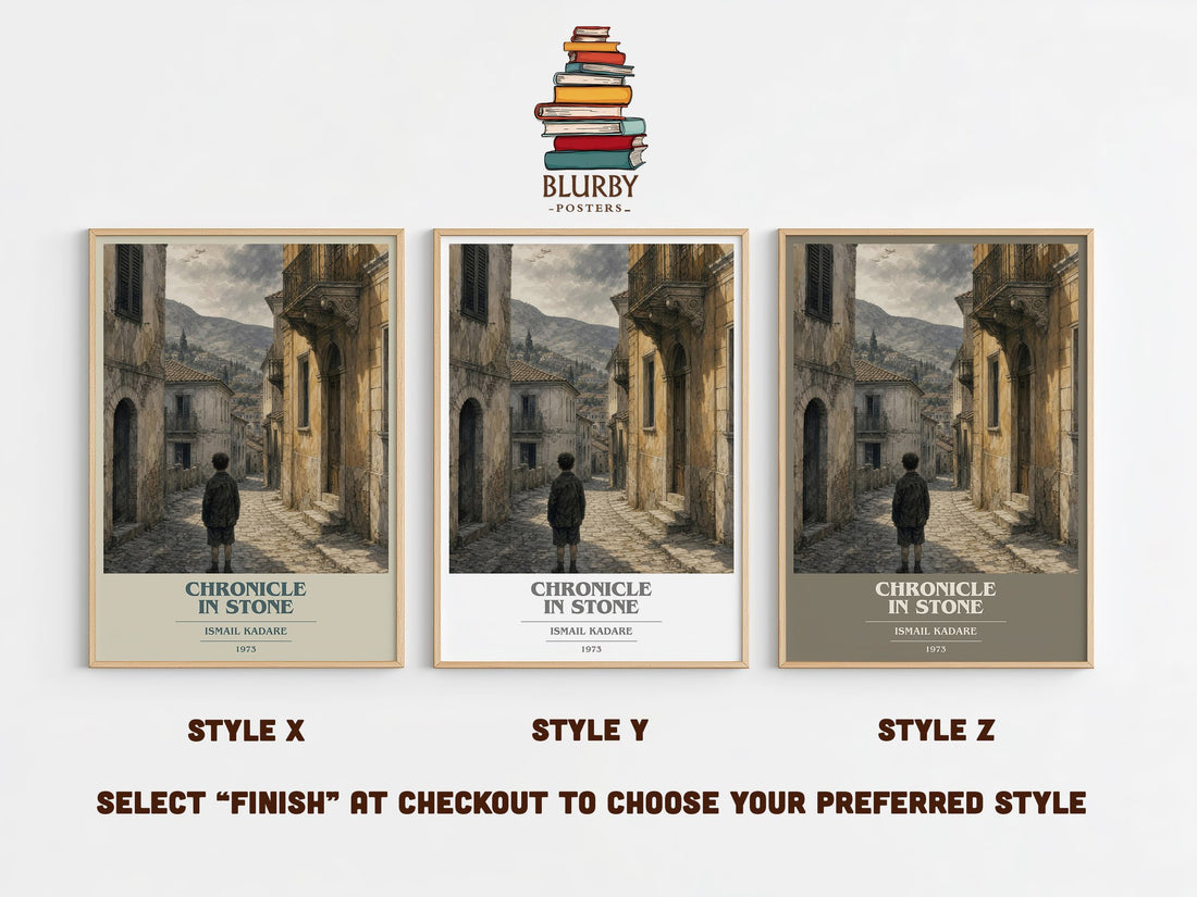 Chronicle in Stone book cover print in frame leaning in hallway – historical fiction wall art (mockup)