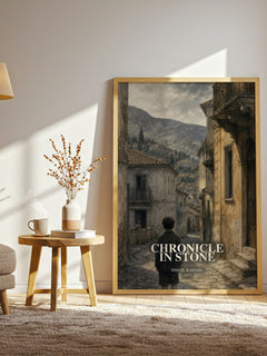 Chronicle in Stone watercolour print in frame leaning in hallway – historical fiction wall art
