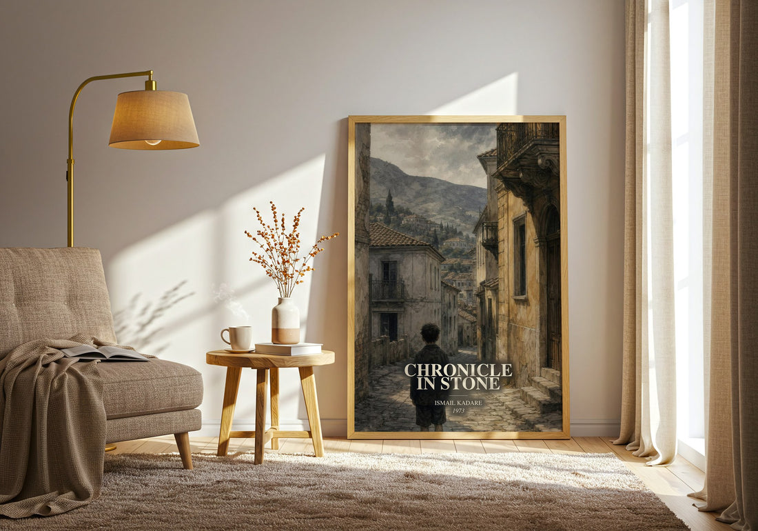Chronicle in Stone watercolour print in frame leaning in hallway – historical fiction wall art