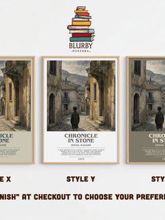 Chronicle in Stone bookish print in frame leaning in hallway – historical fiction wall art