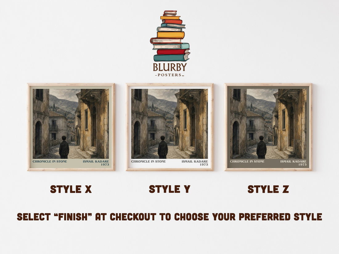 Chronicle in Stone literary print in frame leaning in hallway – historical fiction wall art (mockup)