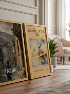 Chronicle in Stone watercolour print framed by window – literary home decor