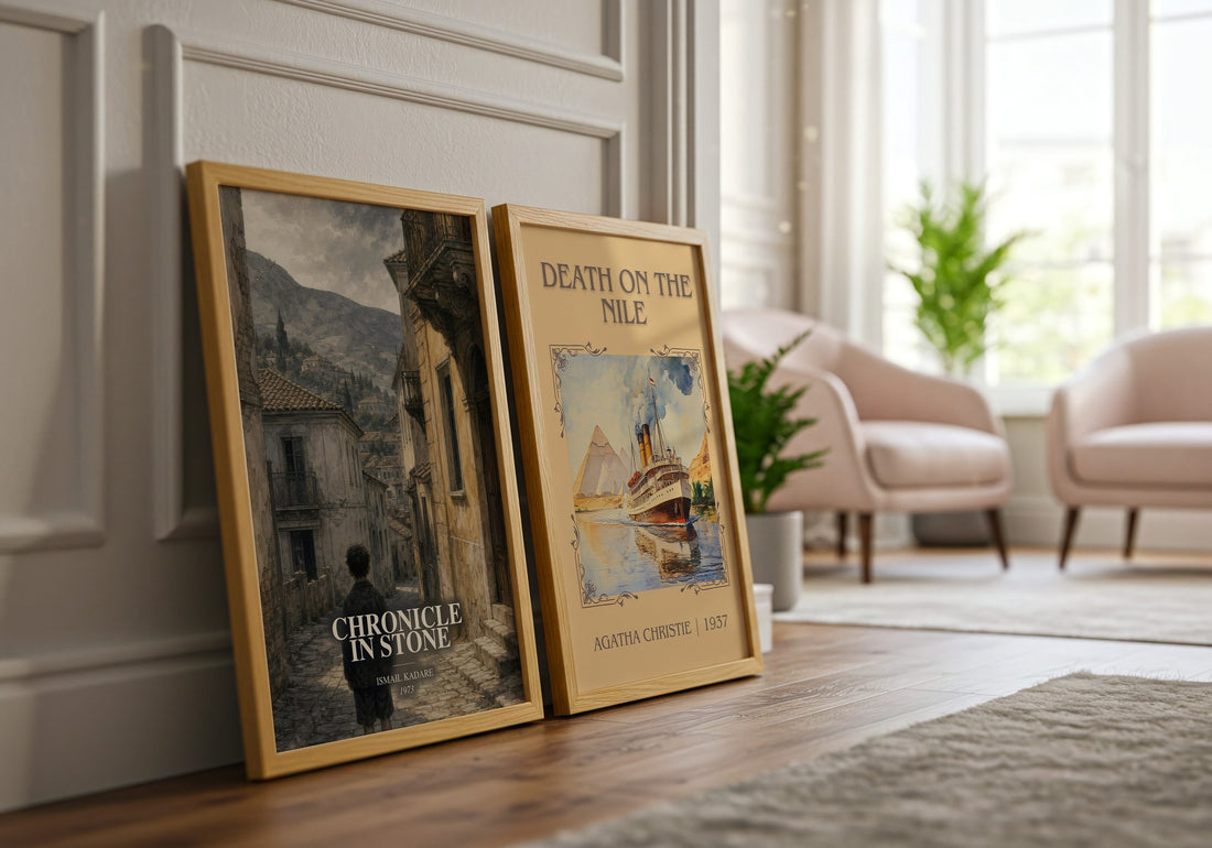 Chronicle in Stone watercolour print framed by window – literary home decor