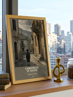 Chronicle in Stone book cover print framed by window – literary home decor