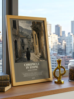 Chronicle in Stone bookish print framed by window – literary home decor
