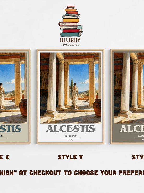Alcestis book cover print in frame leaning in hallway – classic literature wall art