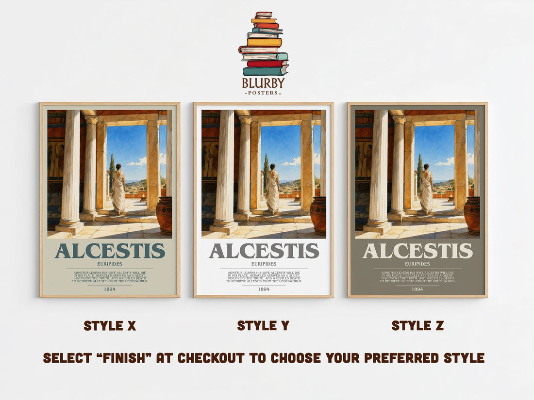 Alcestis bookish print in frame leaning in hallway – classic literature wall art (mockup)