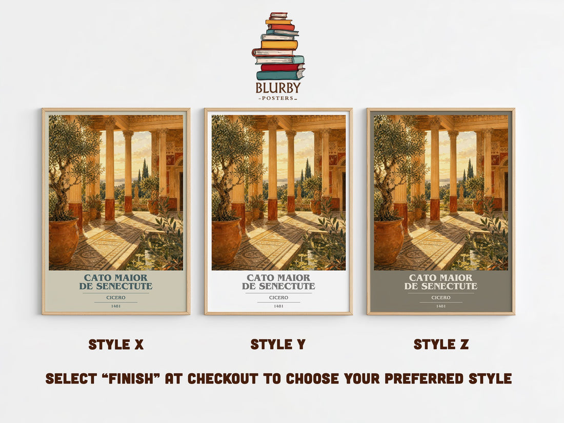 Cato maior de senectute book cover print in frame leaning in hallway – philosophy wall art (mockup)