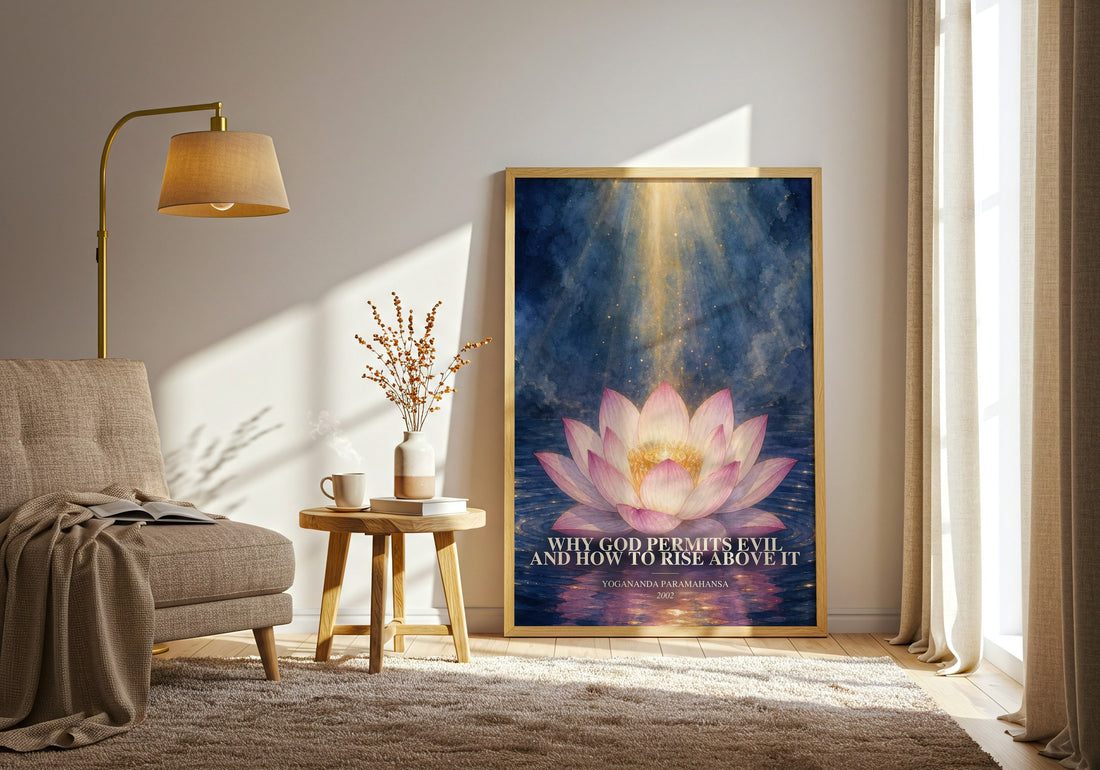 Why god permits evil and how to rise above it watercolour print in frame leaning in hallway – philosophy wall art