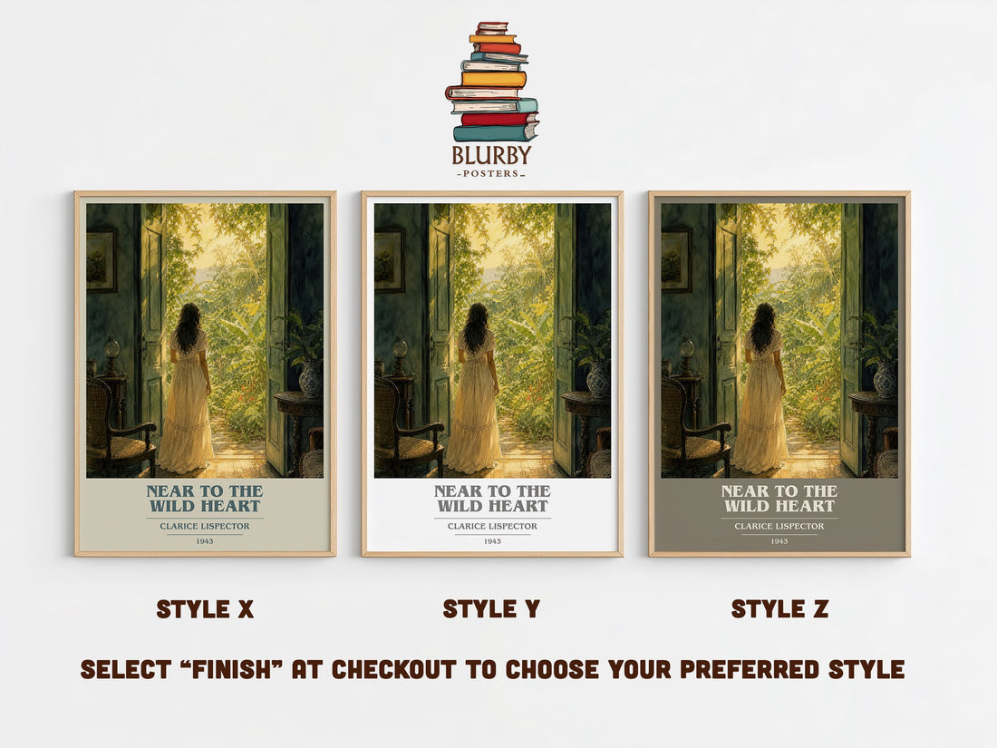 Near to the wild heart book cover print in frame leaning in hallway – literary fiction wall art (mockup)