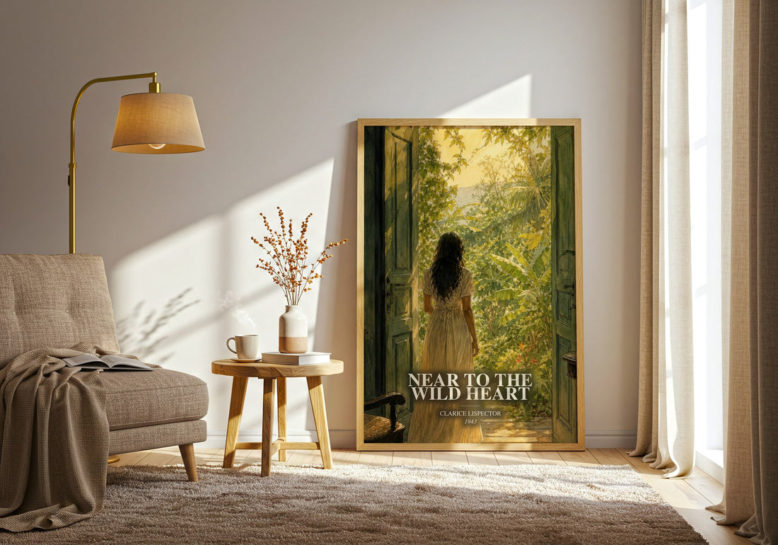 Near to the wild heart watercolour print in frame leaning in hallway – literary fiction wall art